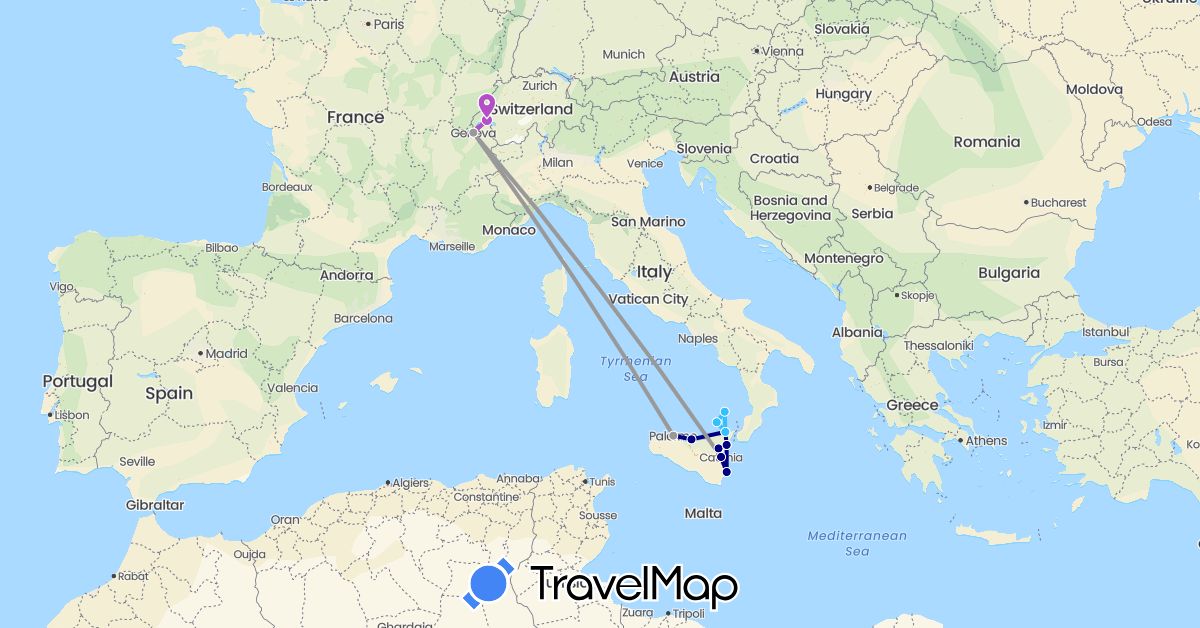 TravelMap itinerary: driving, plane, train, boat in Switzerland, Italy (Europe)